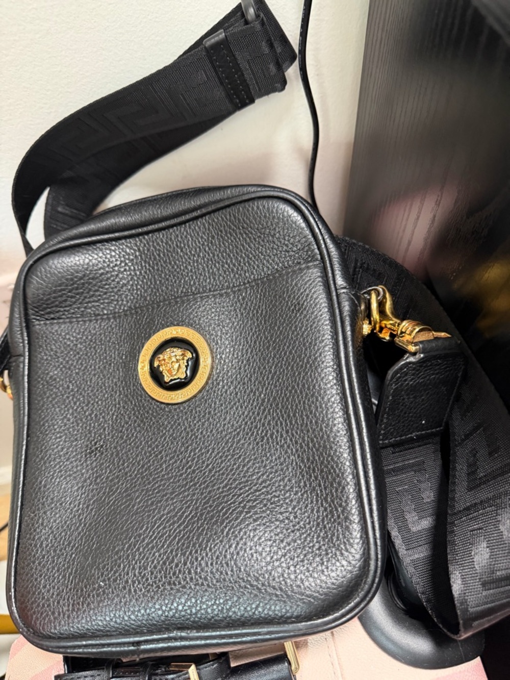 Versace Black Leather Card Slot Zip Pouch with Gold-Tone Zip